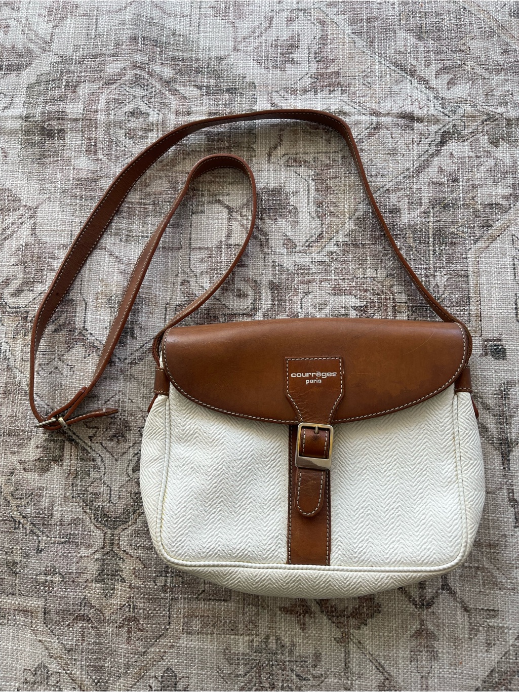 Courrges Paris Cream Vintage Herringbone Crossbody With Brown Leather Trim